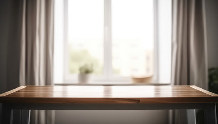 Wooden table with copy space and window background with curtains. Generative AIの素材