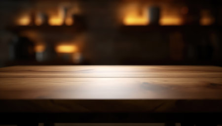 Empty wooden table in dark stylish living room with blurred background. Generative AIの素材