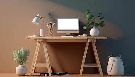 Modern study room with white table and mockup desktop computer. Generative AIの素材