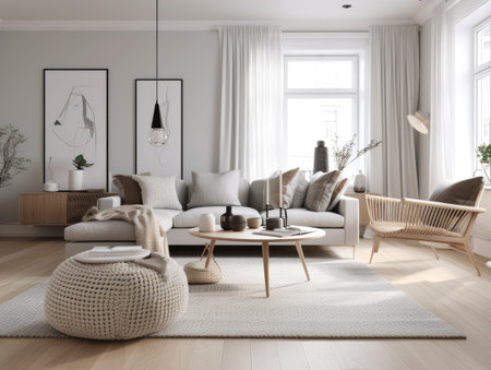 Scandinavian interior style livng room with sofa, coffee table and decoration. Generatvie AIの素材