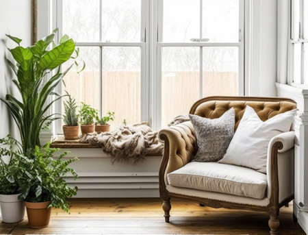 Classic living room with leather sofa and mock up frame. Generative AIの素材