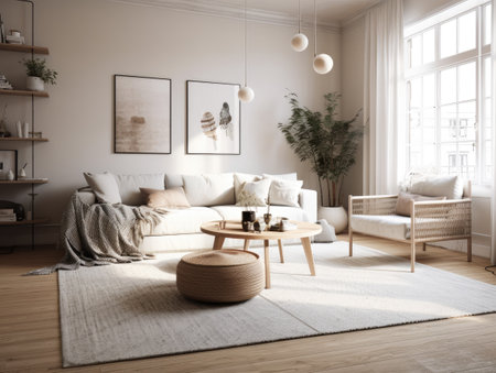 Comfy scandinavian interior living room design with furniture and decorations. Generative AIの素材