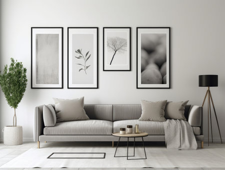Trendy grey modern living room with mock up frame above sofa. Generative AIの素材
