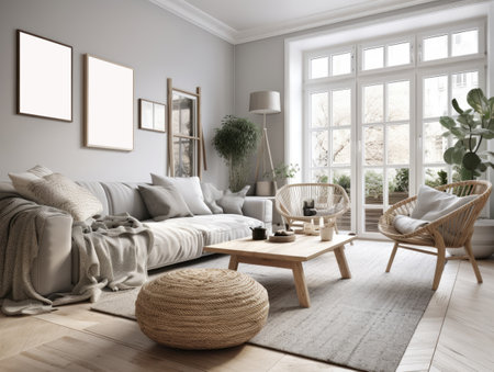 Beautiful furnished scandinavian living room interior with morning light. Generative AIの素材