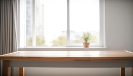 Wooden table with copy space and window background with curtains. Generative AIの素材