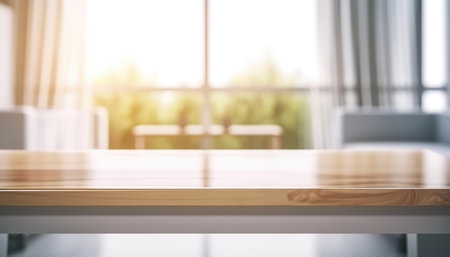 Empty table and copy space with blurred living room background in the morning. Generative AIの素材