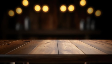 Empty wooden table with copy space against dark rustic living room background. Generative AIの素材