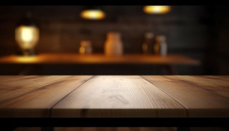 Empty wooden table for product display with blurred dark living room background. Genrative AIの素材