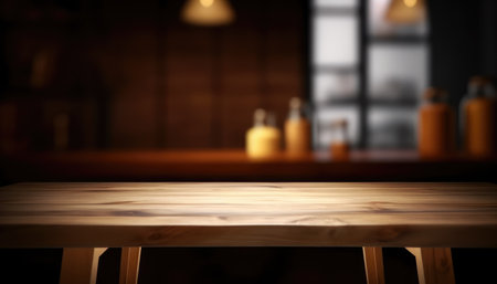 Empty table in dark trendy living room with blurred background. Generative AIの素材