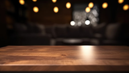 Empty wooden table in dark stylish living room with blurred background. Generative AIの素材