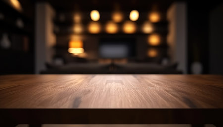 Dark rustic living room with empty table for product display. Generative AIの素材