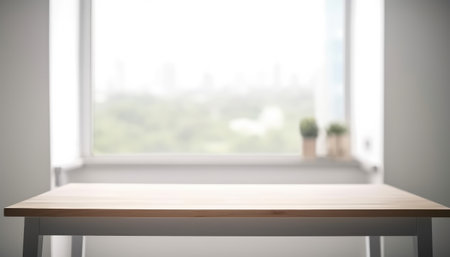 Empty wooden table with copy space in white living room with window. Generative AIの素材
