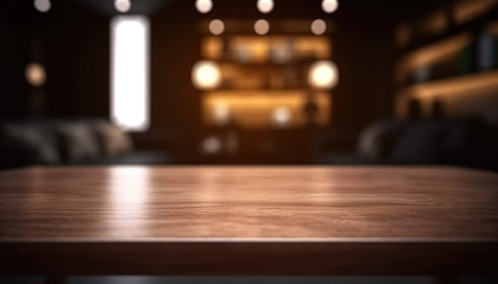 Dark wooden empty table for product display with blurrd living room background. Generative AIの素材