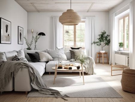Beautiful cozy beige scandinavian living room with wooden furniture. Generative AIの素材