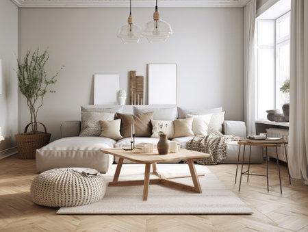 Beautiful cozy beige scandinavian living room with wooden furniture. Generative AIの素材