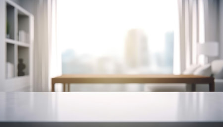 Empty table and copy space with blurred living room background in the morning. Generative AIの素材