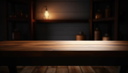 Empty wooden table in dark stylish living room with blurred background. Generative AIの素材