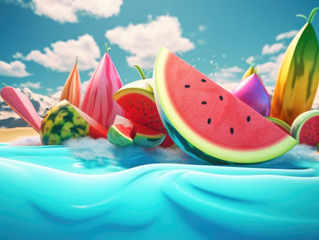 3D summer colorful artwork with tropical fruits and ice cream. Generative AIの素材