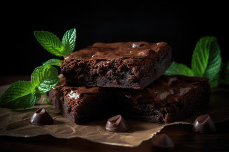 homemade chocolate brownies with dark background. Generative AIの素材