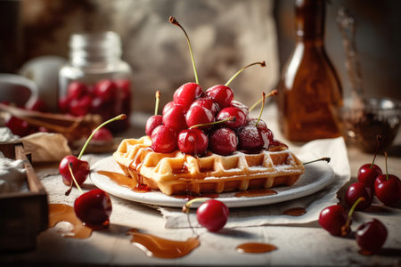 Fresh homemade waffle with cherry. Generative AIの素材