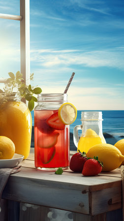 Summer iced cold drink with strawberry and lemon. Generative AIの素材