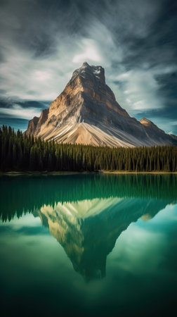 Beautiful mountain reflection on the water. Generative AIの素材