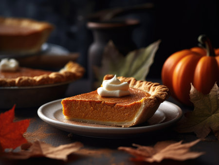 Homemade beautiful american traditional pumpkin pie. Generative AIの素材
