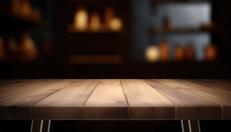 Empty wooden table with copy space against dark rustic living room background. Generative AIの素材