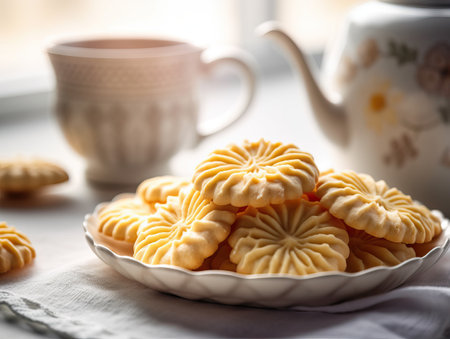 Homemade Shortbread cookies with fruits and tea on the table. Generative AIの素材