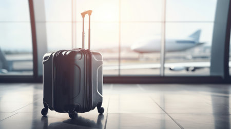 Travel suitcase with airport defocused background. Generative AIの素材
