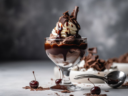 Tasty cold chocolate and vanilla ice cream sundae. Generative AIの素材