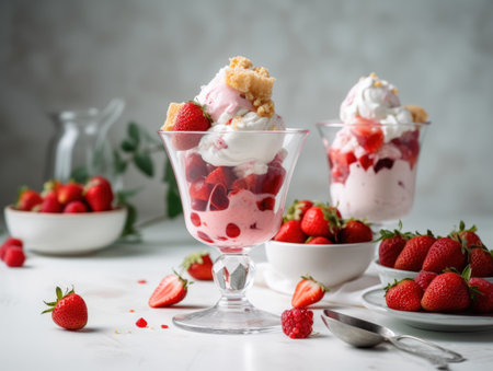 Ice cream sundae with strawberry sauce on white table. Generative AIの素材