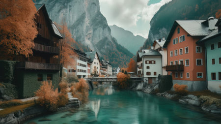 Beautiful old town surrounded by mountains view. Generative AIの素材