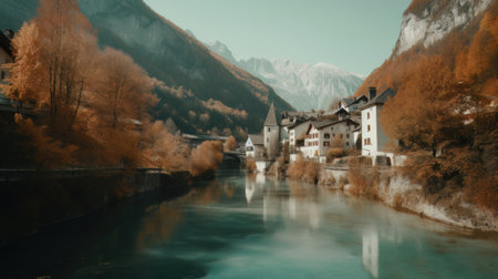 Beautiful old town surrounded by mountains view. Generative AIの素材
