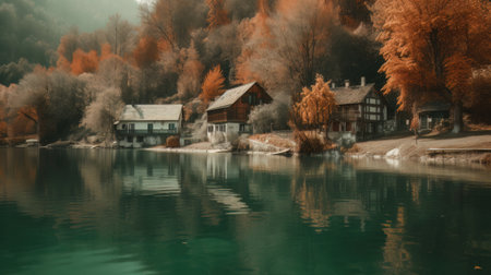 Beautiful old town surrounded by mountains view. Generative AIの素材