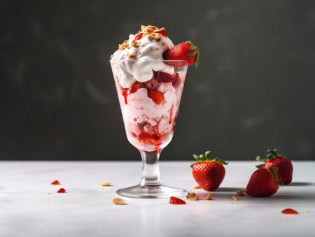 Ice cream sundae with strawberry sauce on white table. Generative AIの素材