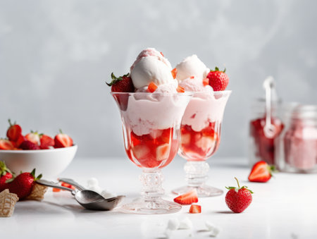 Ice cream sundae with strawberry sauce on white table. Generative AIの素材