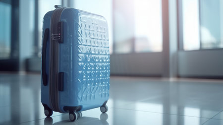 Travel suitcase with airport defocused background. Generative AIの素材