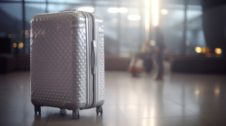 Travel suitcase with airport defocused background. Generative AIの素材
