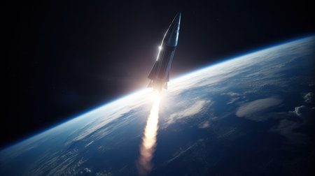 A rocket soars from Earth into space, science concept. Generative AIの素材