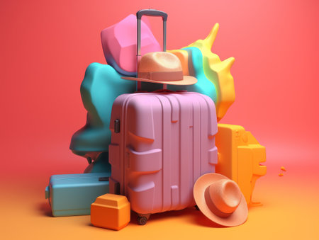 Colorful travel and summer concept with suitcase with colorful background. Generative AIの素材