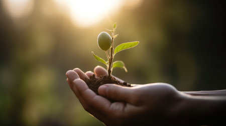 Close Up Plant in male Hands. Care of the Environment. Ecology concept. Generative AIの素材