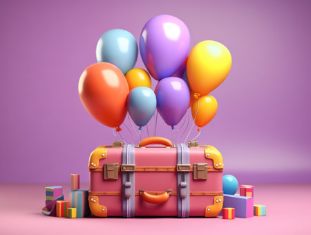 Colorful travel and summer concept with suitcase with colorful background. Generative AIの素材