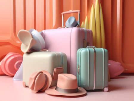 Colorful travel and summer concept with suitcase with colorful background. Generative AIの素材