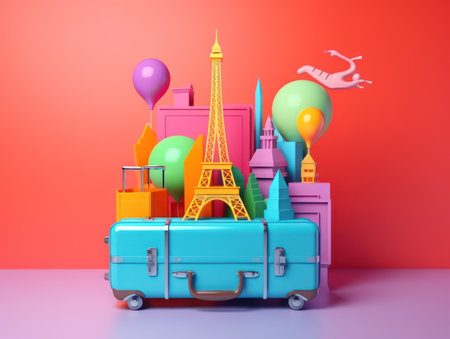 Colorful travel and summer concept with suitcase with colorful background. Generative AIの素材