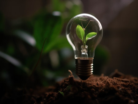 Tree growing on light bulb with sunshine in nature. saving energy and eco concept. Generative AIの素材
