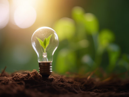 Tree growing on light bulb with sunshine in nature. saving energy and eco concept. Generative AIの素材
