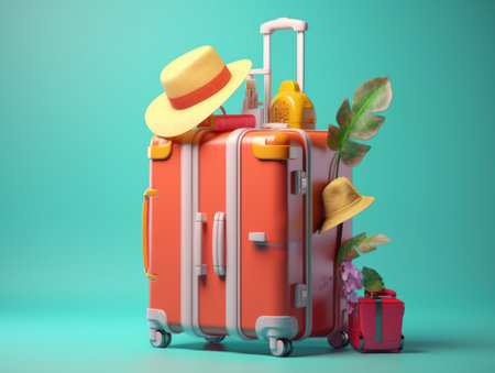 Colorful travel and summer concept with suitcase with colorful background. Generative AIの素材