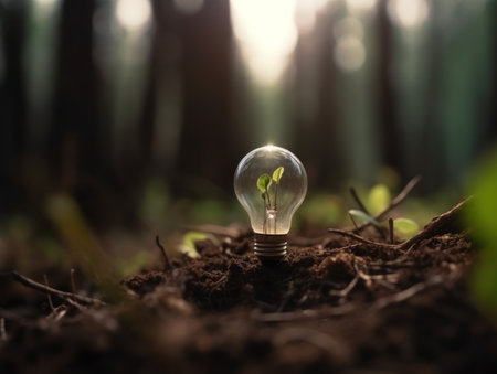 Tree growing on light bulb with sunshine in nature. saving energy and eco concept. Generative AIの素材