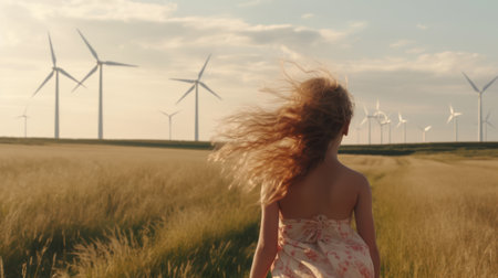 Adorable girl standing in wind turbine field. Green alternative energy, Generative AIの素材